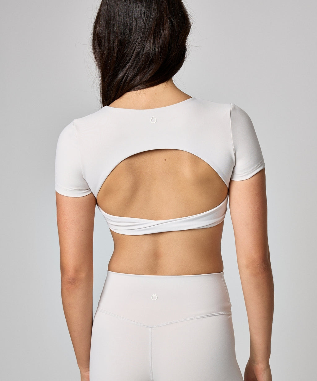 Camelia Top in Stone White Gray, back view, ÔNNE activewear