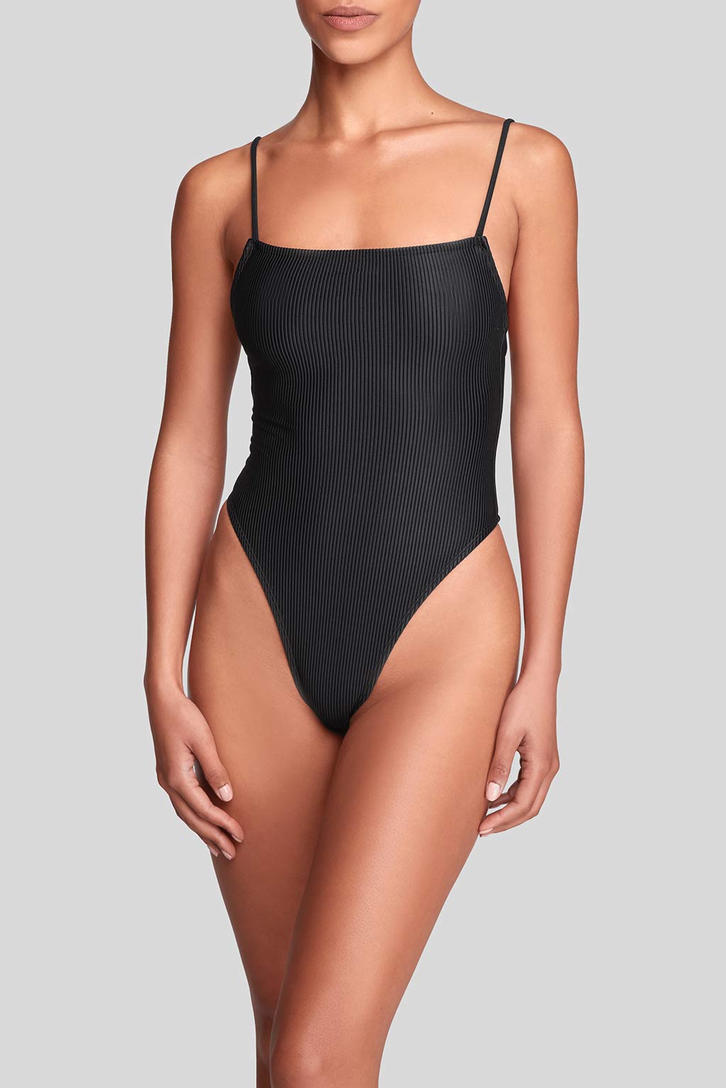 Line One piece Rib in Black, front view, ÔNNE swimwear